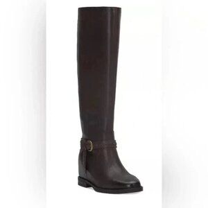 Lucky Brand Maltet Tall Buckle Riding Boots Brown Leather 10M Stacked Heel